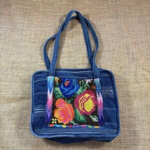 Vintage Denim Floral Embroidered Shoulder Purse Bag Lined Boho Hippy 14x11